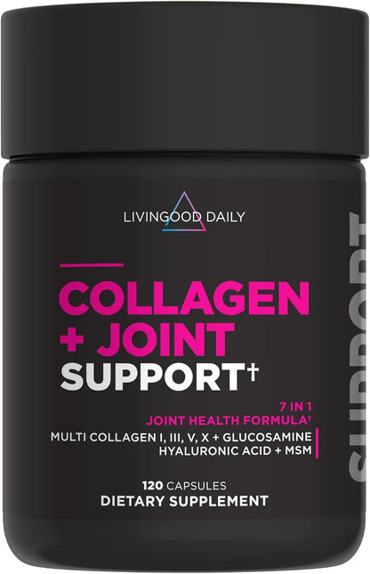 Livingood Daily Collagen + Joint Support, Grass Fed Multi Collagen Peptides I III V X with Hyaluronic Acid, Joint Support Supplement for Women & Men, Hair Skin Nails, Keto & Gluten Free, 120 Capsules