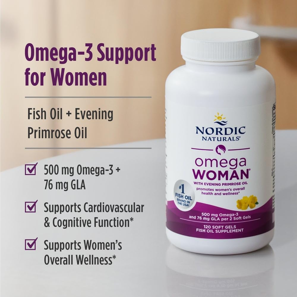 Nordic Naturals Women's Omega-3 w/Evening Primrose Oil, Lemon - 120 Count | 800mg Evening Primrose Oil w/GLA for menopause relief (hot flashes, night sweats). Hormonal balance. 60-day supply.