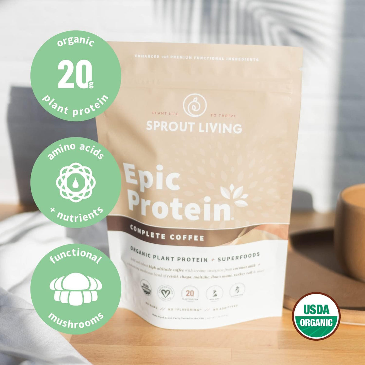 Sprout Living Epic Protein Bundle - Chocolate Maca & Complete Coffee (20g Organic Plant-Based Protein Powder, Vegan, Gluten Free, Superfoods) | 1lb, 12 Servings