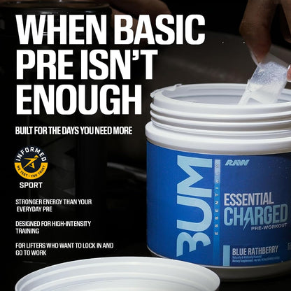 RAW Pre-Workout Powder, Essential CHARGED (Sour Watermelon) - Preworkout Supplement for Men & Women - Supports Focus, Mood & Performance - Caffeine, Alpha-GPC, L-Citrulline, Beta Alanine (25 Servings)