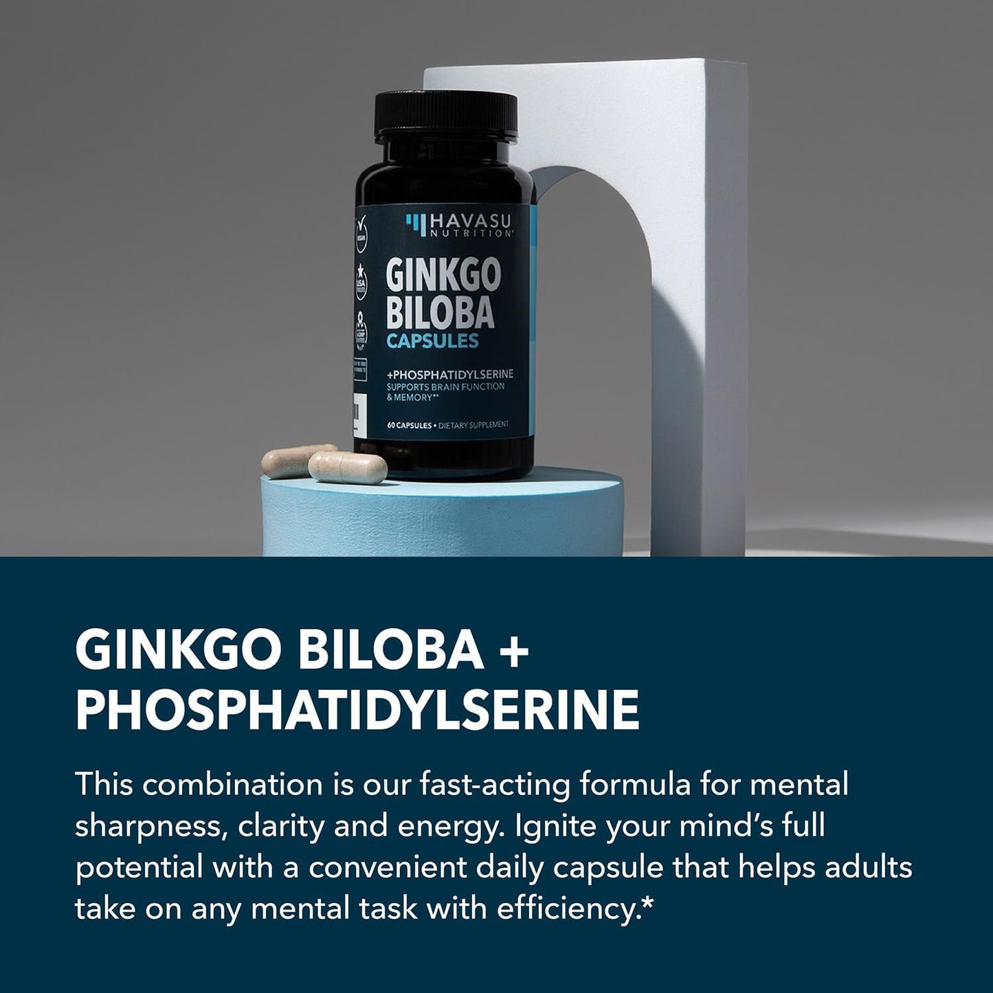Ginkgo Biloba 120mg with Phosphatidylserine, Nootropic Supplement, 60 Count | Nootropic Brain Health, Memory and Focus Supplement, Supports Cognitive Function & Mental Clarity, 2-Month Supply