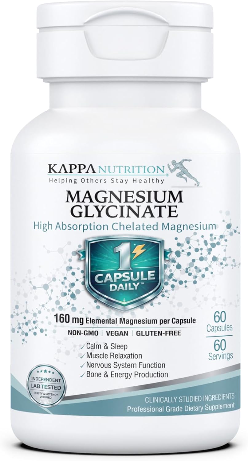 Kappa Nutrition, Magnesium Glycinate 60 Vegan Capsules, 160 mg Elemental | High-Absorption Chelated Magnesium | 1 Capsule Daily | Non-GMO, Vegan, Gluten-Free | Made in USA with Canadian Magnesium