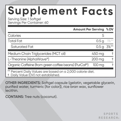 Sports Research L-Theanine Supplement with Caffeine & Coconut MCT Oil - Focused Energy, Alertness & Relaxation Without Drowsiness - 200mg L Theanine, 100mg Organic Caffeine - 60 Liquid Softgels