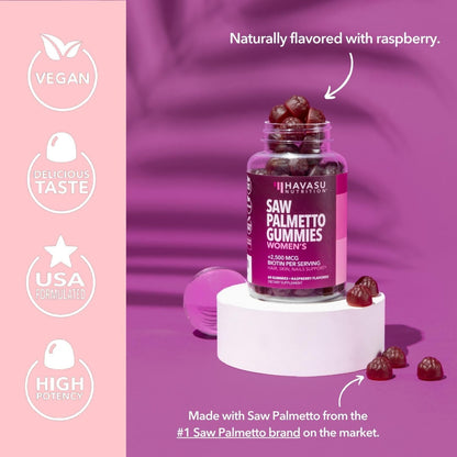 Saw Palmetto Gummies for Women, Raspberry, 60ct, 2500mcg Biotin | DHT Blocker & Hair, Skin, Nail Health Gummies, Supports Stronger-Looking Hair, Raspberry Flavor, 1 Month Supply
