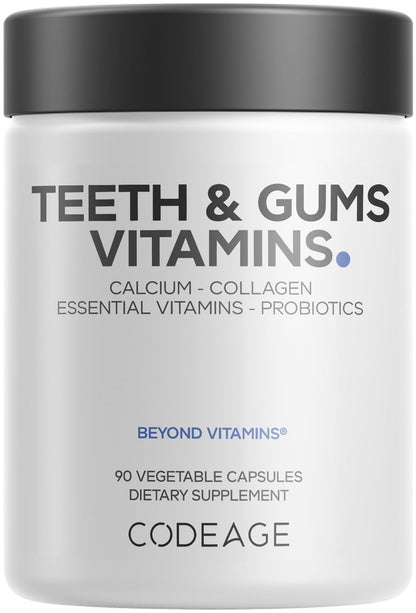 Codeage Teeth & Gums Vitamins + Oral Probiotics Supplement for Mouth - Whole Food Calcium, Collagen, Potassium, Vitamin C, D3, K2, Zinc – Oral Care & Dental Multivitamin Supplements - 90 Capsules