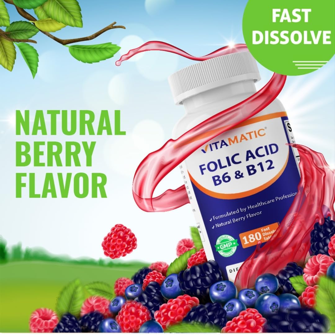 Vitamatic Folic Acid, Vitamin B12 & B6 – 180 Fast Dissolve Tablets Heart Health, Energy Production & Red Blood Cell Support