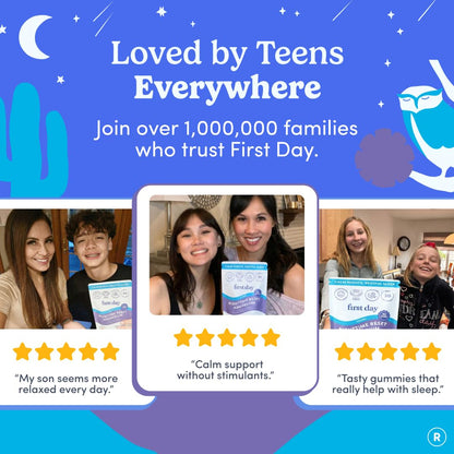 FIRST DAY Calm Magnesium for Teens Gummies, Affron, No Melatonin, 60 Count | Passionfruit-guava magnesium gummies with citrate and Affron; melatonin-free nighttime relaxation support for teens.