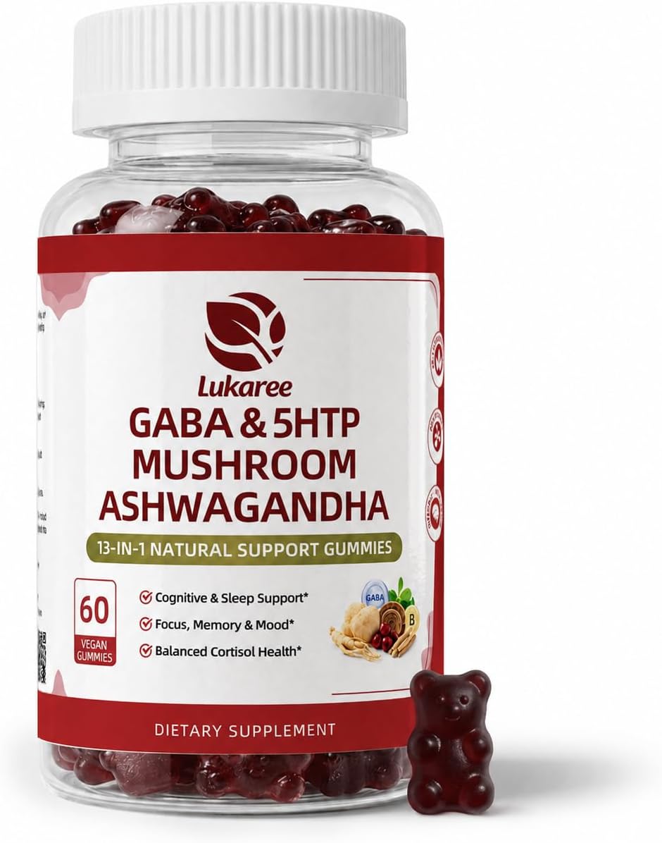 GABA & Mushroom Gummies Supplement for Sleep & Brain Support,Extra Strength | Plus Mushroom Complex, 5‑HTP & Tart Cherry, No Melatonin for Natural Sleep, Berry Flavor-Sugar Free, 60 Gummies