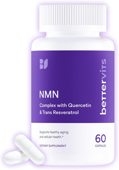 Bettervits NMN Supplement with Quercetin Powder| NAD+ Resveratrol Support Formula for Cells Regeneration, Energy and Anti-Aging Support | NAD Supplements for Women & Men - 60 Capsules