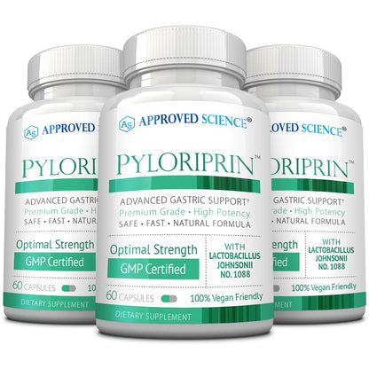 Approved Science Pyloriprin - Advanced Digestive Support for A Healthy Stomach - Zinc L-Carnosine, Probiotic, Broccoli Sprout, Deglycyrrhized Licorice - 60 Capsules - One Month Supply - Vegan