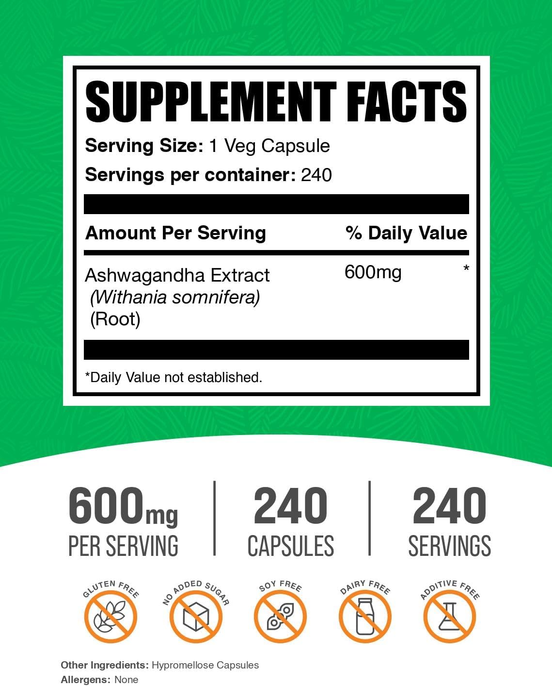 BulkSupplements.com Ashwagandha Extract Capsules - Ashwagandha Extract, Herbal Supplement - Vegan & Gluten Free, 1 Capsule per Serving, 240 Count (Pack of 1)