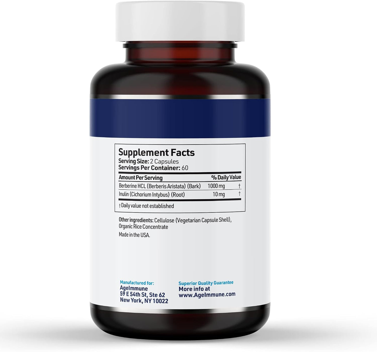 AgeImmune Berberine 1000mg Supplement Complex with Inulin Prebiotic - Berberine HCL 500mg per Capsule - Doctor Formulated and Third Party Tested Berberine Supplement