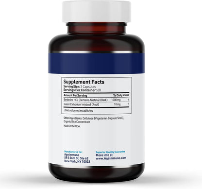 AgeImmune Berberine 1000mg Supplement Complex with Inulin Prebiotic - Berberine HCL 500mg per Capsule - Doctor Formulated and Third Party Tested Berberine Supplement
