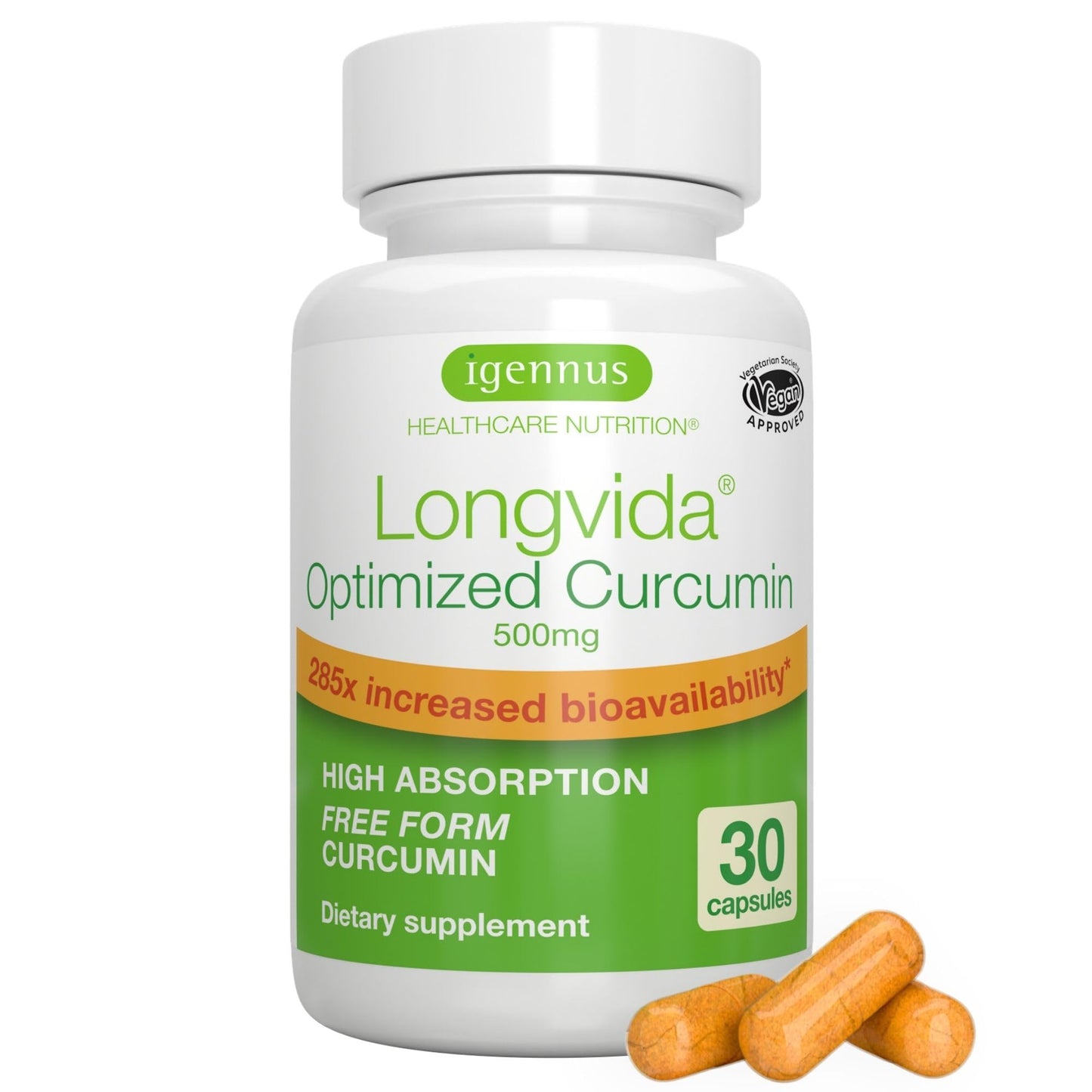 Igennus Longvida Curcumin 500mg – High Absorption ‘Free’ Curcumin, 65x Higher Plasma Levels, Sustained Release (7hr Half-Life), Brain & Cognitive Support, Vegan, 30 Capsules