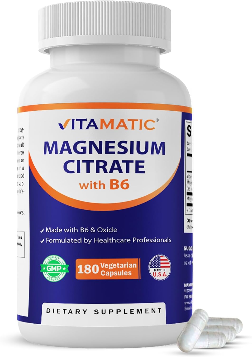 Vitamatic Magnesium Citrate 500mg per Serving - 180 Vegetarian Capsules (Provides 150 mg of Elemental Magnesium) - Added B6 for Maximum Absorption - Supports Muscle, Joint, and Heart Health*