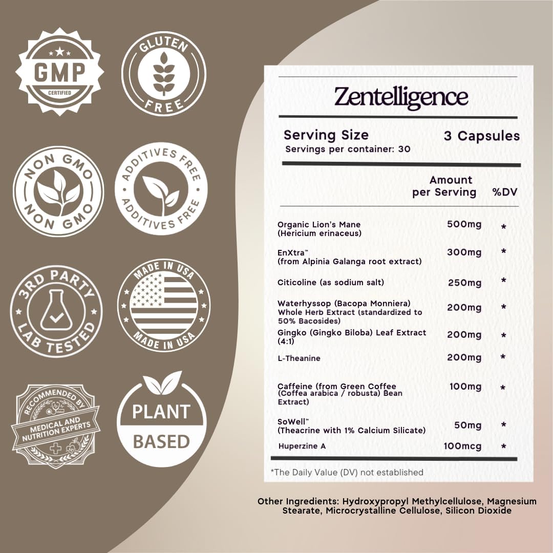 Zen Principle Zentelligence™ Focus Nootropic Supplement for Students & Professionals | Energy, Memory & Stress Support | Jitter-Free Formula with L-Theanine, Ginkgo Biloba, Huperzine A. 90 Capsules