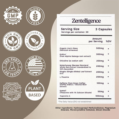 Zen Principle Zentelligence™ Focus Nootropic Supplement for Students & Professionals | Energy, Memory & Stress Support | Jitter-Free Formula with L-Theanine, Ginkgo Biloba, Huperzine A. 90 Capsules