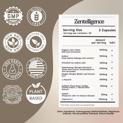Zen Principle Zentelligence™ Focus Nootropic Supplement for Students & Professionals | Energy, Memory & Stress Support | Jitter-Free Formula with L-Theanine, Ginkgo Biloba, Huperzine A. 90 Capsules