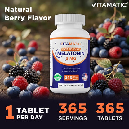 Vitamatic Melatonin 5 mg Tablets | Vegetarian, Non-GMO, Gluten Free | 1 Year Supply | Natural Berry Flavor - 365 Tablets
