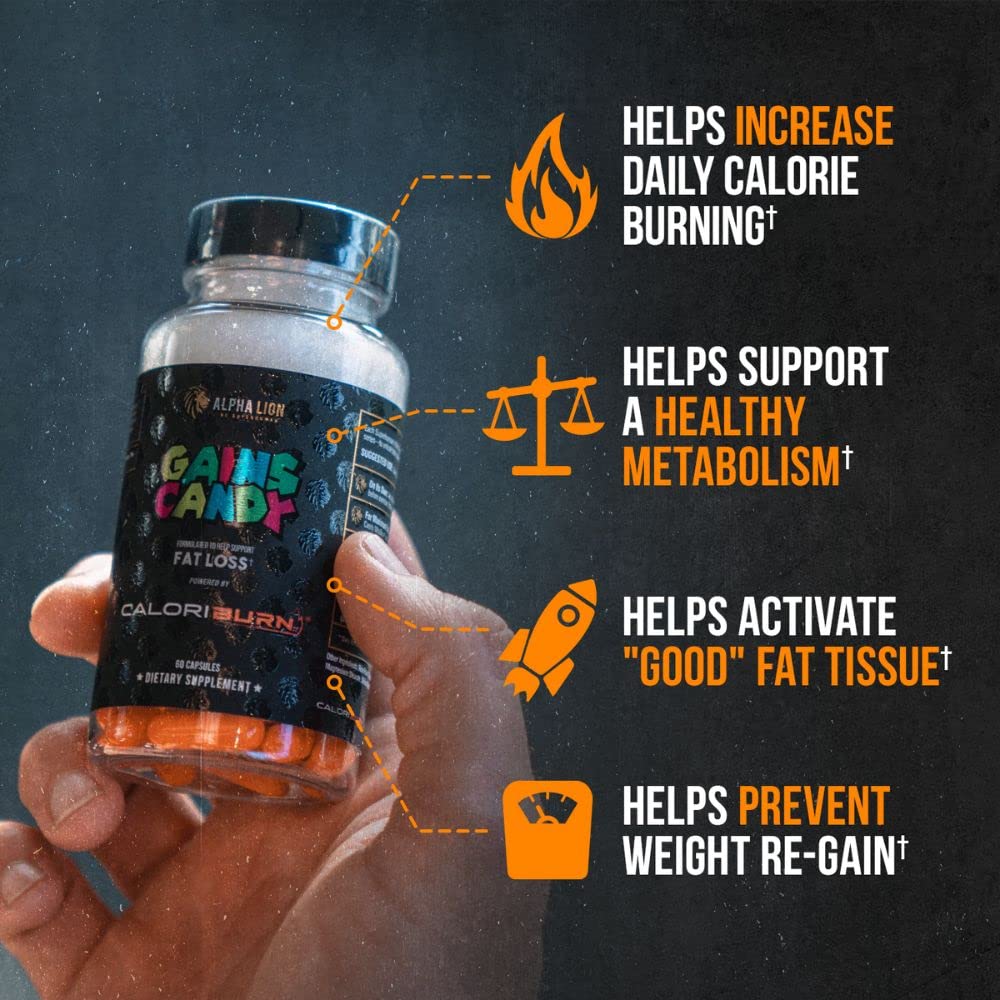 ALPHA LION Gains Candy, Supplement Pills that Support Weight Loss, Appetite Suppressant, Keto-Diet Friendly, Decrease Body Fat, Upgrade Energy & Workout Performance, 60 Capsules (MitoBurn®)
