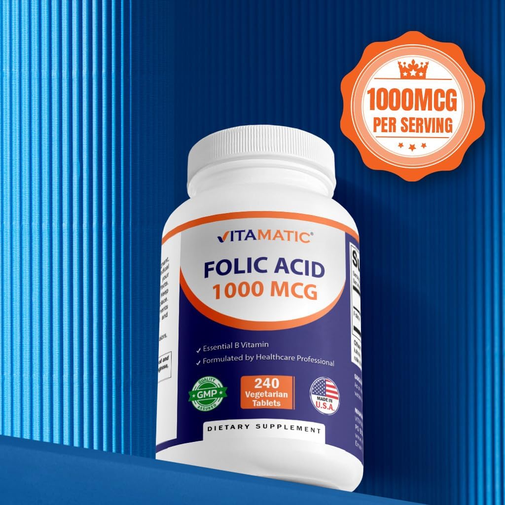 Vitamatic Folic Acid 1000 mcg (1 mg), 240 Vegetarian Tablets | Vitamin B9 | 1667 mcg DFE Folate, Support Healthy Cell Growth*, Red Blood Cell Formation*, Gluten Free, Non-GMO, Made in USA