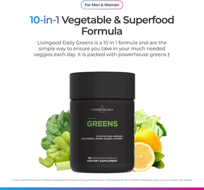Livingood Daily Greens Capsules, Super Greens Supplement with Spirulina, Chlorella, Broccoli, Spinach, Celery, Lemon & More, Plant Based for Digestion & Gut Health, Non GMO, Vegetarian, 120 Ct
