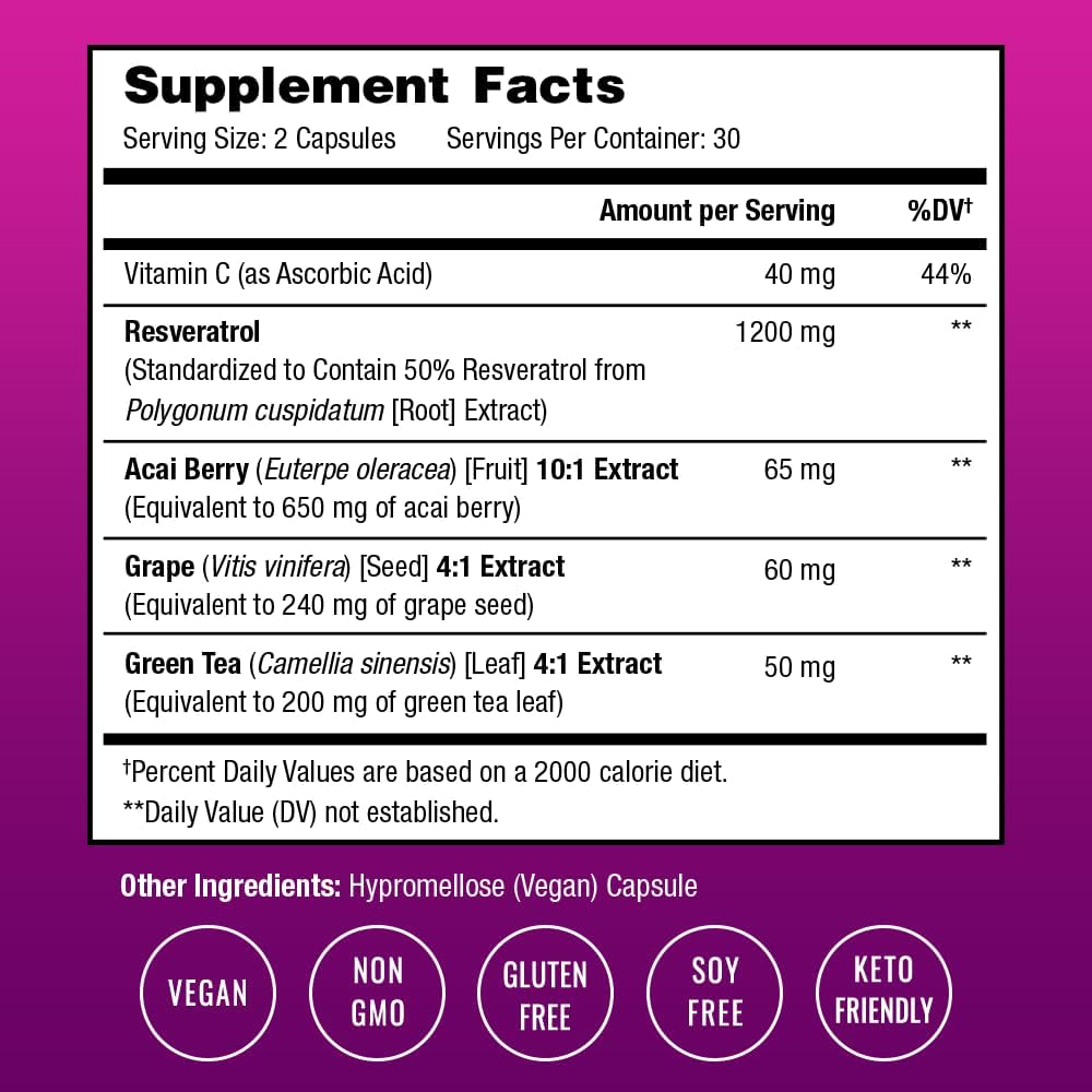 Resveratrol Complex – 1,200 mg Trans-Resveratrol with Grape Seed, Green Tea & Acai Berry – Rich in Polyphenols & Antioxidants - Support for Healthy Aging, Heart Health & Vitality – 60 Vegan Capsules