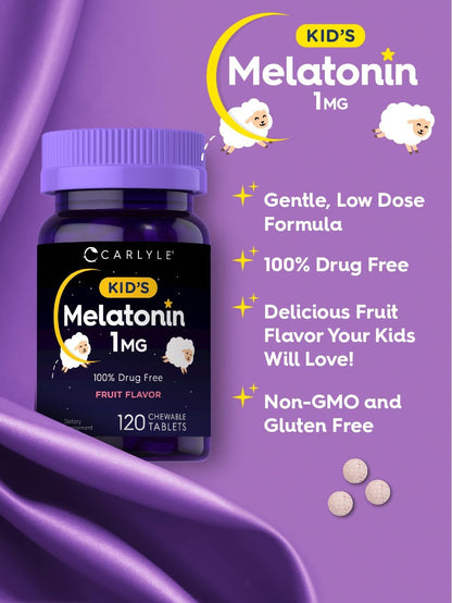 Carlyle Kids Melatonin 1mg | 120 Chewable Tablets | Fruit Flavor | Vegetarian Supplement | Non-GMO, Gluten Free Formula