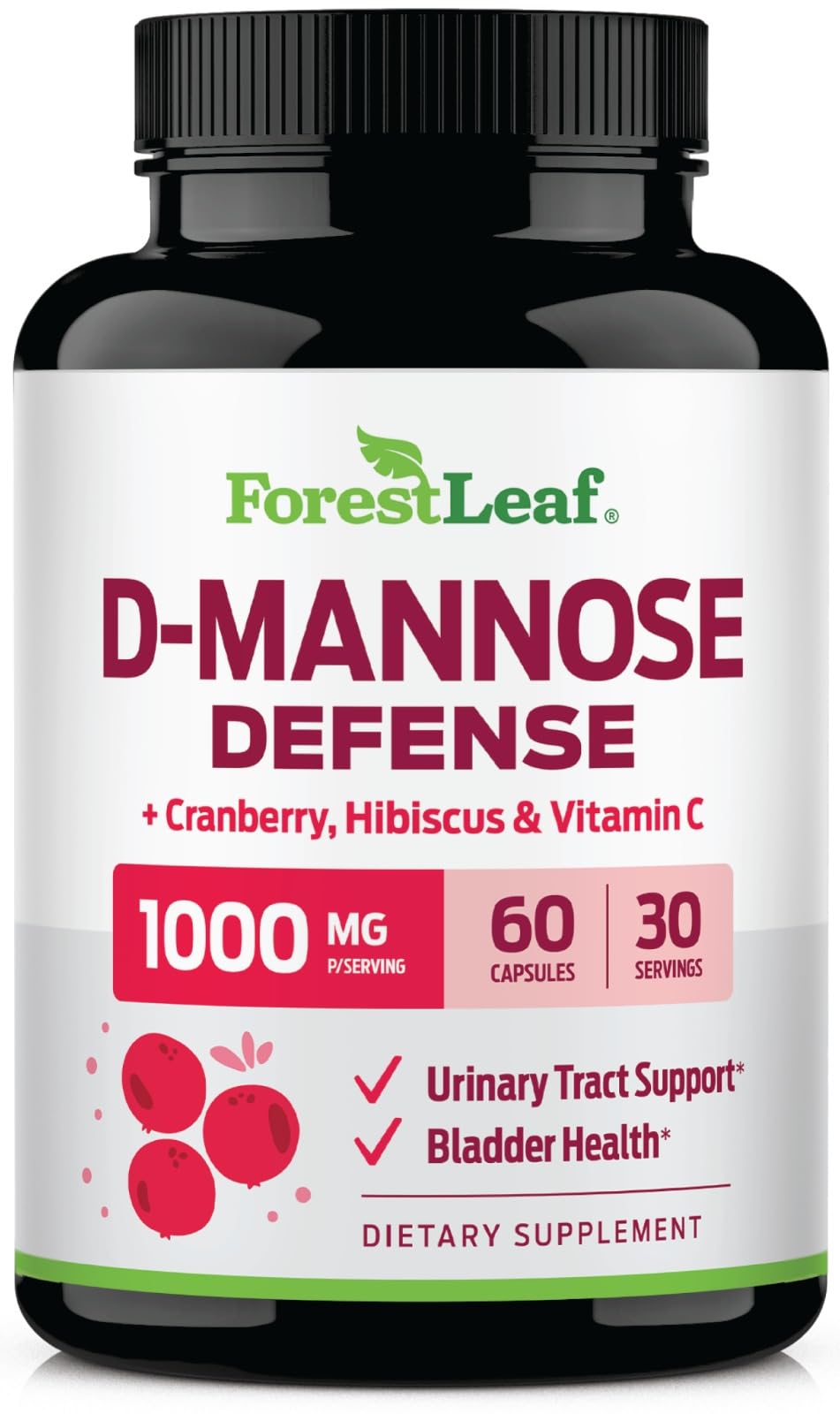 ForestLeaf D Mannose Supplements for Women & Men - D-Mannose 1000mg Capsules with Cranberry, Hibiscus & VIT C - DMannose Pills for UTI, Urinary Tract & Bladder Support - 120 Caps