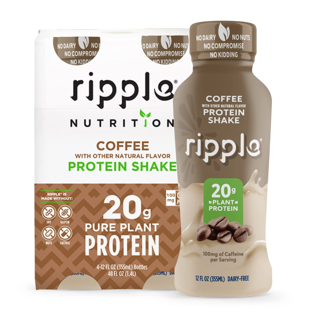 Ripple Vegan Protein Shake | Coffee Flavor | 75mg of Caffeine | 20g Nutritious Plant Based 