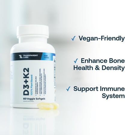 Transparent Labs Vitamin D3 K2 - Vitamin D & K2 Vitamin Supplement for Men & Women, Vegan-Friendly D3K2 5000 IU Supplements to Support Bone, Immune, and Overall Health - K2 D3 60 Capsules