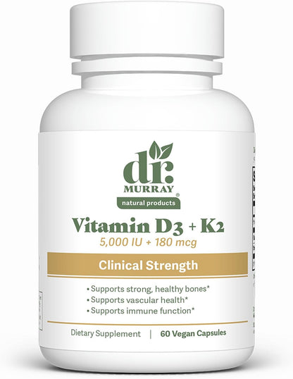 Dr. Murray's Vitamin D3-K2 Supplement with Coconut Oil MCTs -5,000 IU-Gluten Free - Non-GMO- Vegan Capsules | Third-Party Tested | GMP Certified | 60 Count