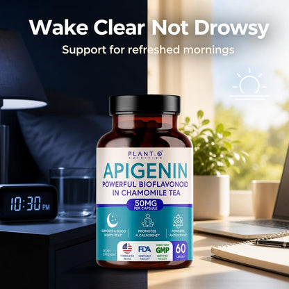 PLANT.O NUTRITION Apigenin 50mg Supplement for Sleep Support & Relaxation - Melatonin Free Bioflavonoid Capsules Found in Chamomile Tea, Third Party Tested, Gluten Free, 60 Capsules