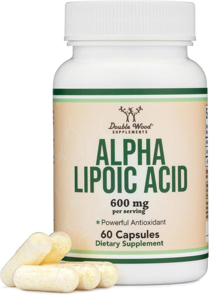 Alpha Lipoic Acid 600mg per Serving, 60 Capsules (Third Party Tested, Non-GMO, Gluten Free, Vegan Safe) Cellular Energy Support (ALA Supplement) by Double Wood