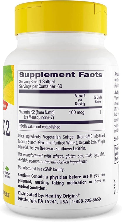Healthy Origins Vitamin K2 100 mcg (MK-7, Non-GMO, Gluten Free, Cardiovascaular Support, Bone Support), 180 Veggie Gels