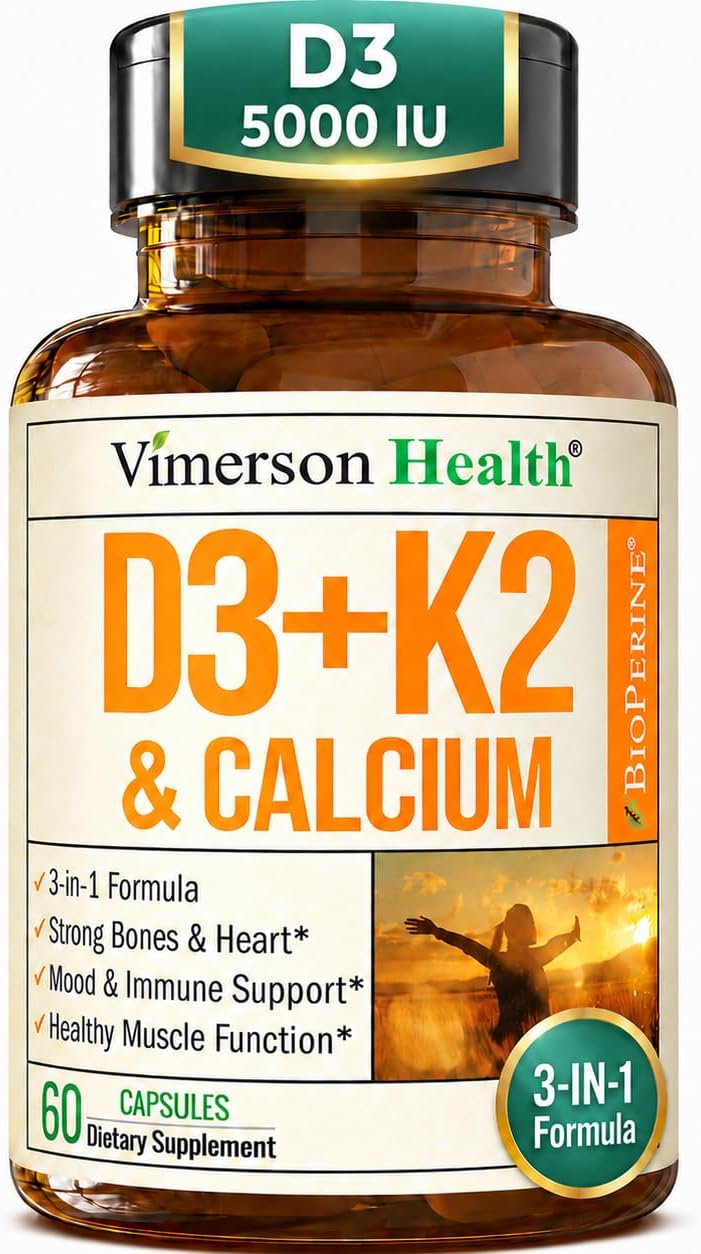 Vitamin D3 K2 Calcium Supplement – Vitamin D3 5000 IU, K2 MK7 – 60 Capsules