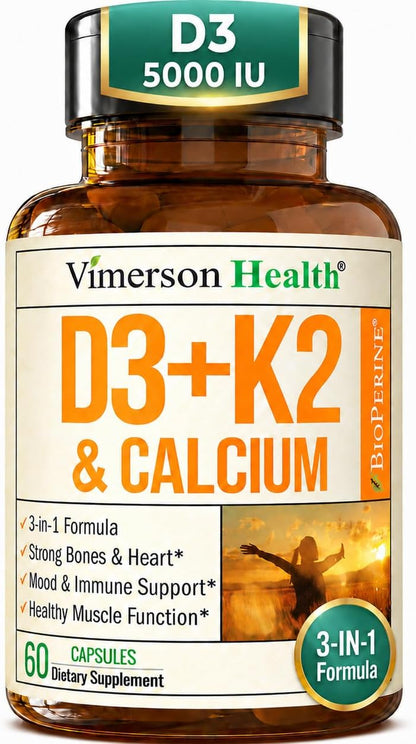 Vitamin D3 K2 Calcium Supplement – Vitamin D3 5000 IU, K2 MK7 – 60 Capsules