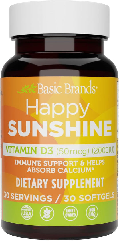 Basic Brands Happy Sunshine Vitamin D3 2000IU, 30 Count | Vitamin D3 (Cholecalciferol, 2000 IU / 50mcg), Daily softgel Supplement