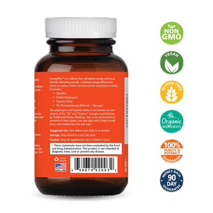 Energy Plus by Pure Essence - Caffeine Free, All Natural Herbal Energy and Focus Supplement - Smooth, No Jitters No Crash - 60 Tablets
