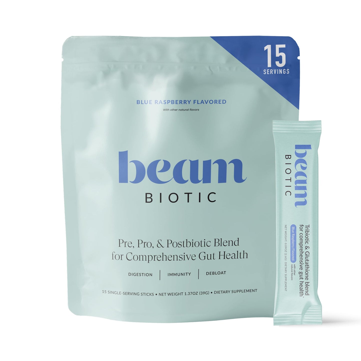 BEAM Biotic Probiotics for Women & Men – Gut Health for Women & Men, Digestive Health with Pre, Pro & Postbiotics + Glutathione, Daily Probiotic Drink for Bloating Relief, Blue Raspberry, 15 Servings