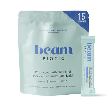 BEAM Biotic Probiotics for Women & Men – Gut Health for Women & Men, Digestive Health with Pre, Pro & Postbiotics + Glutathione, Daily Probiotic Drink for Bloating Relief, Blue Raspberry, 15 Servings