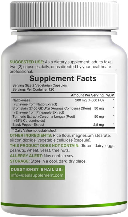 Nattokinase Supplement 4,000 FU Per Serving, 240 Veggie Capsules – Japanese Natto with Bromelain, Turmeric Curcumin & Black Pepper Complex – Digestive Enzymes & Heart Health – Non-GMO, Vegan