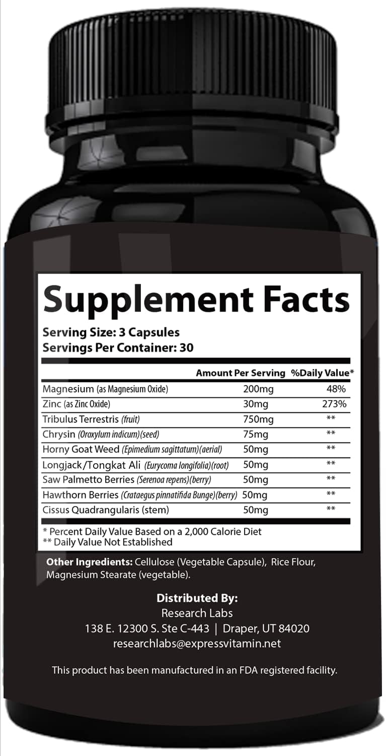 Pharmacist Recommended 2 fer 1 Offer 180ct Testosterone Booster Enhancement by Research Labs. Increase Lean Muscle Energy Strength. Saw Palmetto, Tribulus, Tongkat Ali, Horny Goat Weed, Zinc