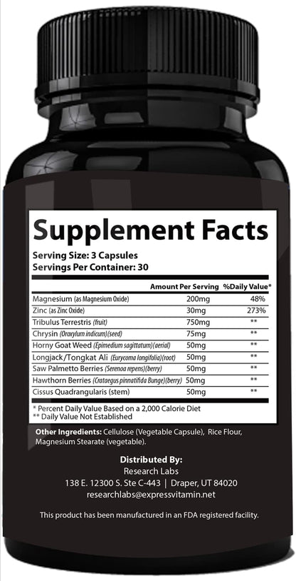 Pharmacist Recommended 2 fer 1 Offer 180ct Testosterone Booster Enhancement by Research Labs. Increase Lean Muscle Energy Strength. Saw Palmetto, Tribulus, Tongkat Ali, Horny Goat Weed, Zinc