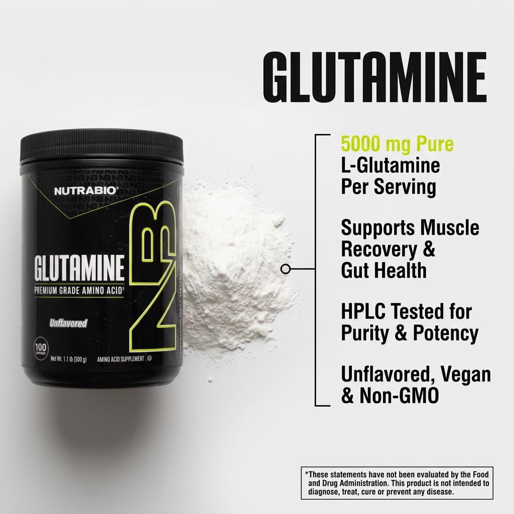 NutraBio Pure L-Glutamine Powder, 100 Servings L-Glutamine Supplement, Amino Acid, Pure Grade, Glutamina, Absolutely no Additives, Fillers or Excipients, Muscle Recovery Supplement - (500 Grams)