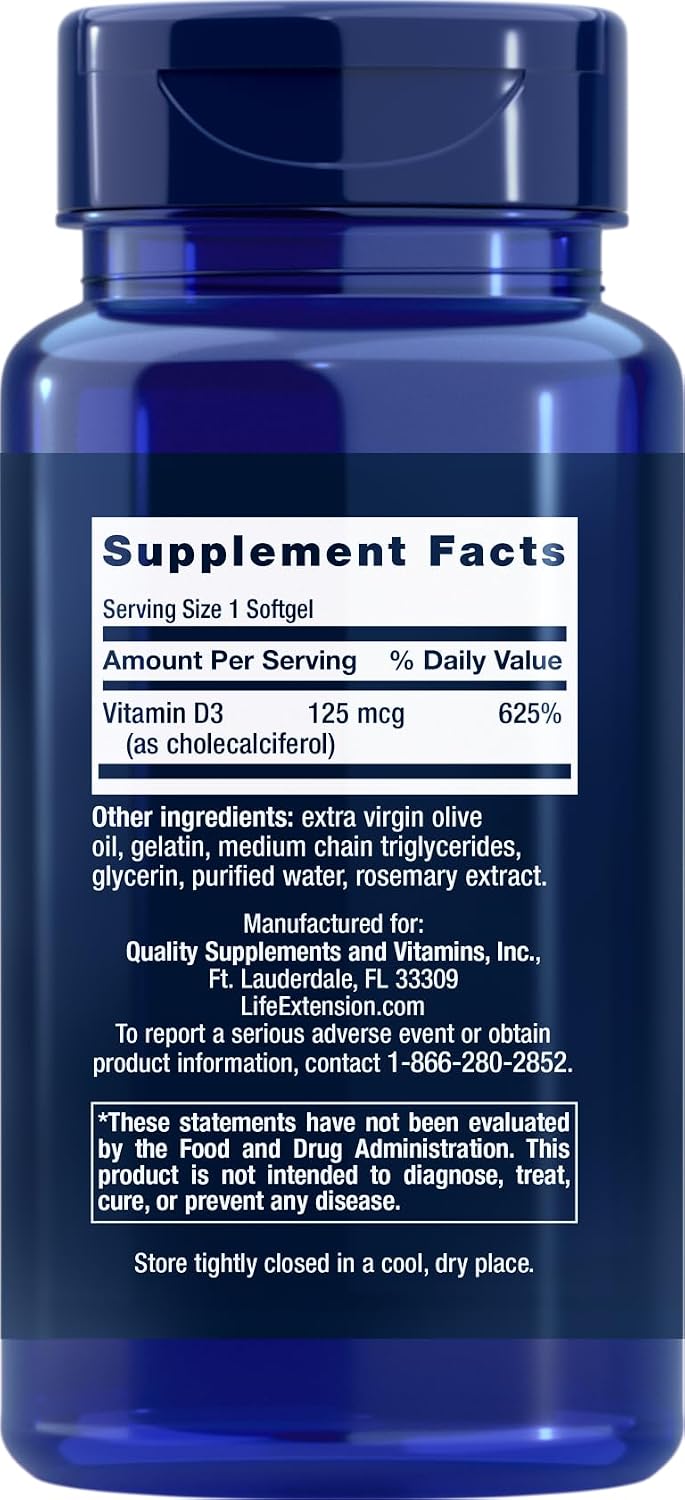 Life Extension Vitamin D3 5000 IU, 120 Softgels, 125mcg | 1 per day formula, Non-GMO and Gluten Free