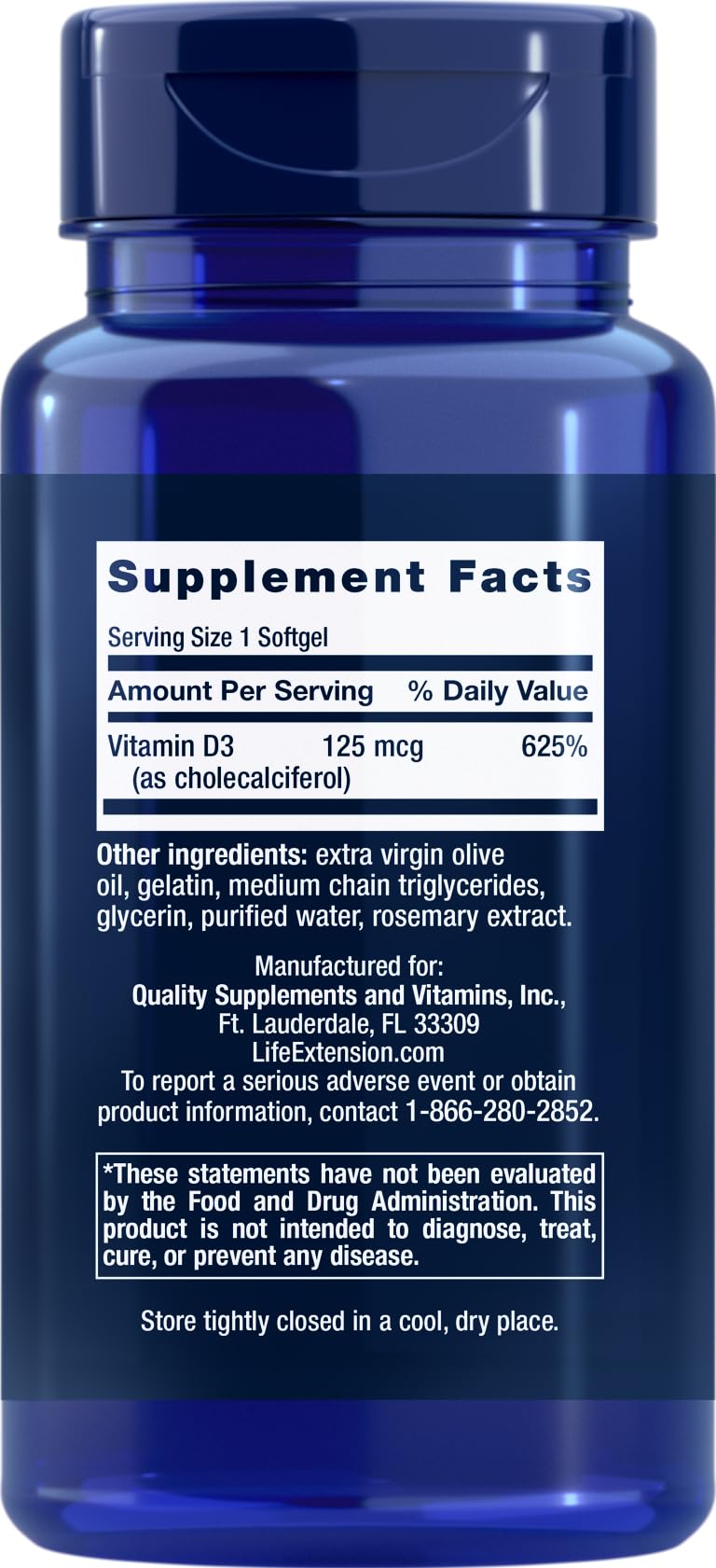 Life Extension Vitamin D3 5000 IU, 120 Softgels, 125mcg | 1 per day formula, Non-GMO and Gluten Free