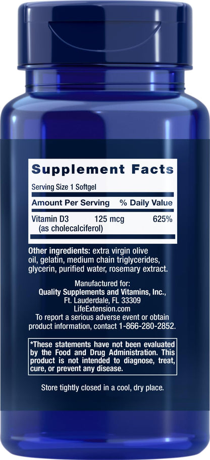 Life Extension Vitamin D3 5000 IU, 120 Softgels, 125mcg | 1 per day formula, Non-GMO and Gluten Free