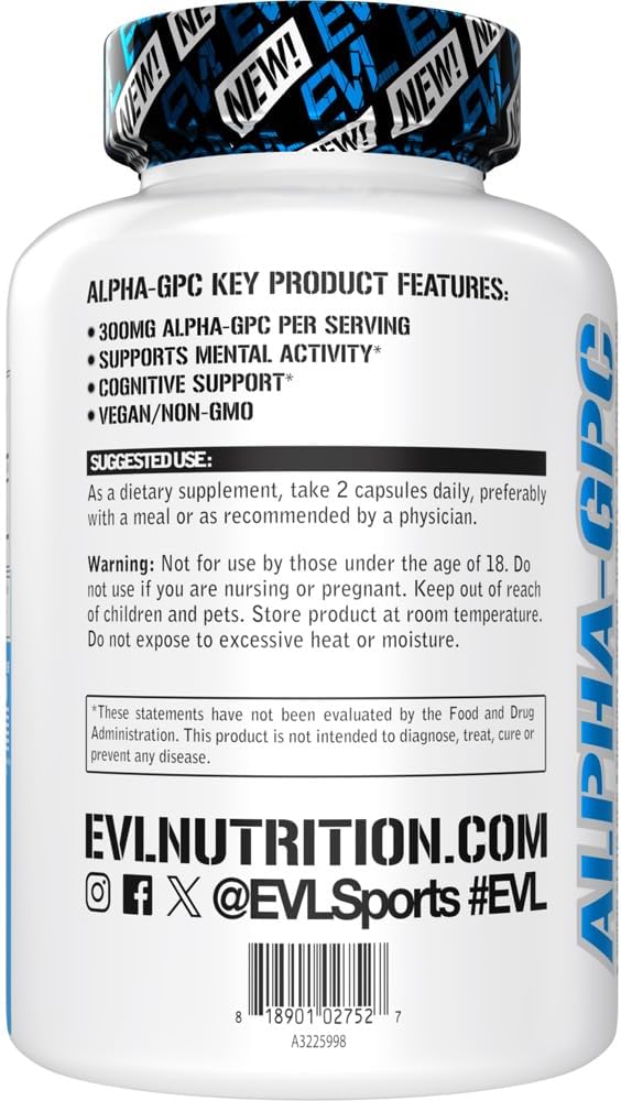 Nootropic Alpha GPC Supplement - Nootropics Brain Support Supplement Acetylcholine Precursor and Mood Support Nutrient - EVL Nutrition Alpha GPC 600mg per Serving for Cognitive Function (30 Servings)