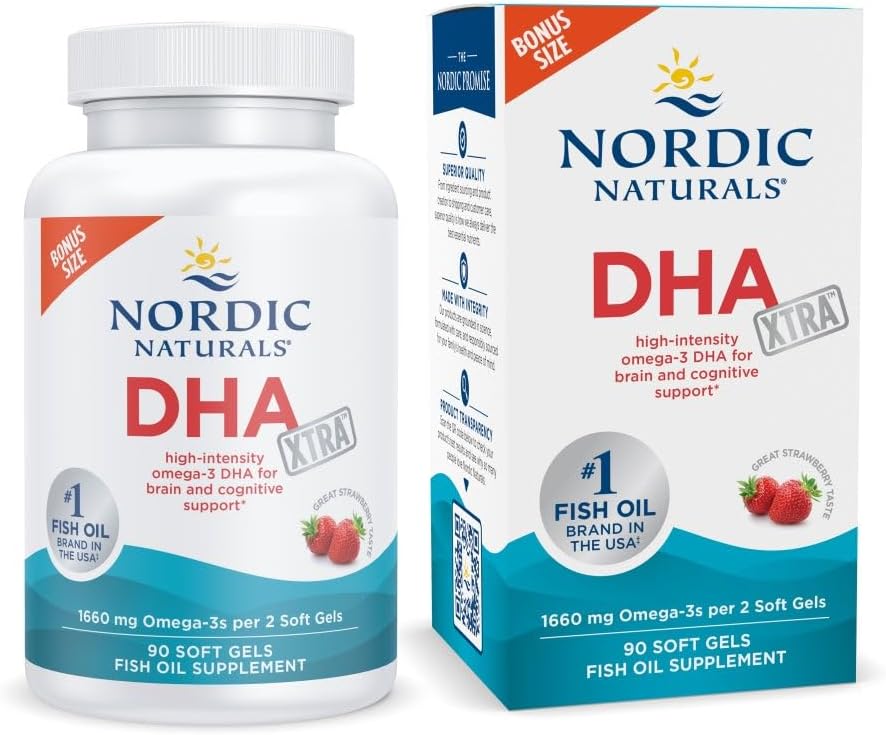 Nordic Naturals DHA Xtra Supplement, 1660mg Omega-3 Fish Oil - 90 Count | 1660mg Omega-3 per serving (2x potency). Supports brain & nervous system health. Non-GMO. Strawberry flavor. 90 servings.